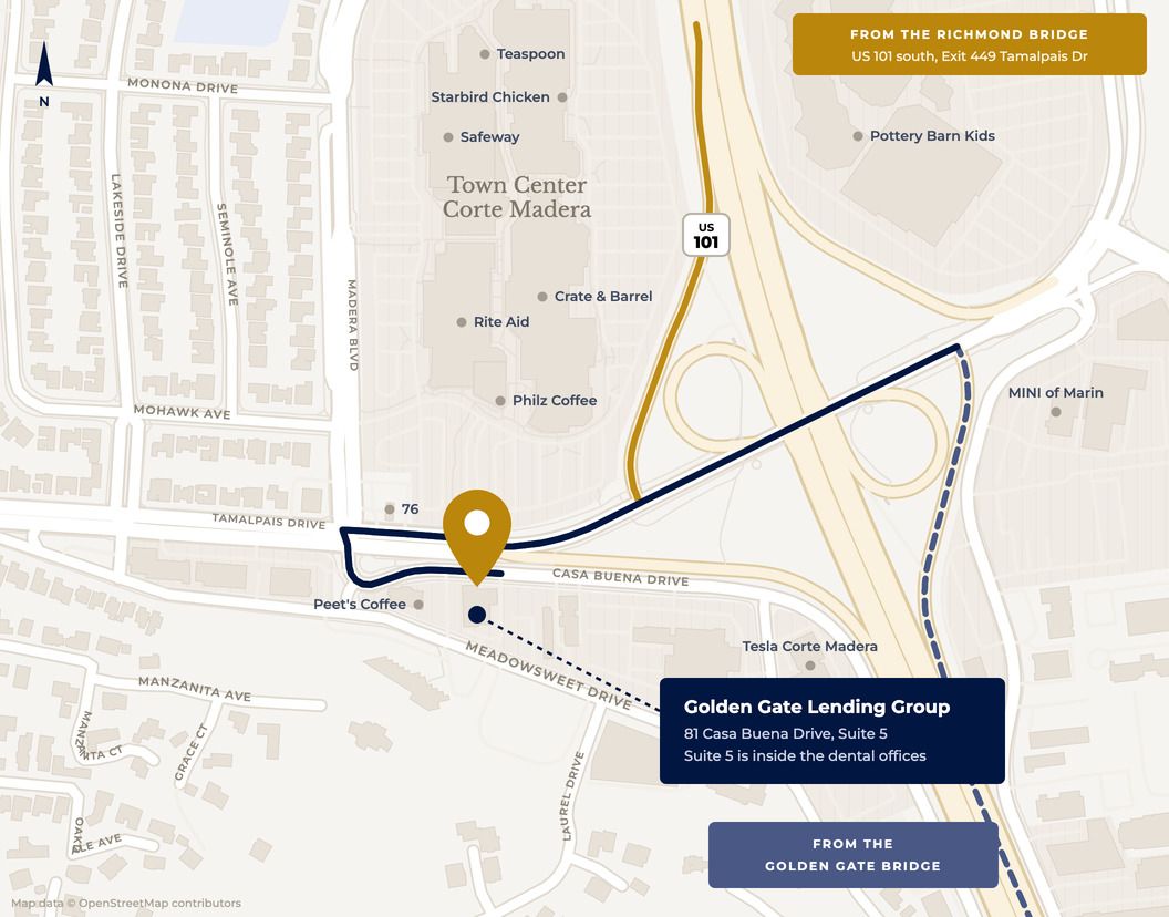 Map of the office at 81 Casa Buena Drive, Suite 5, Corte Madera. Coming over the Richmond Bridge, take US-101 south. Coming over the Golden Gate, take US-101 north. Both leave the freeway at Exit 449 for Tamalpais Drive, head west, then turn onto Casa Buena Drive. Town Center Corte Madera, Peet's Coffee, Bank of America and the Corte Madera Library are all close by.